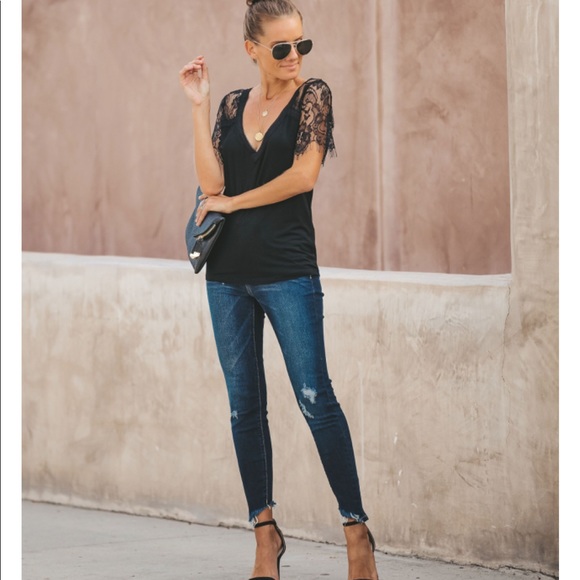 Gorgeous detailed Lace Sleeve Tee black - Picture 6 of 8